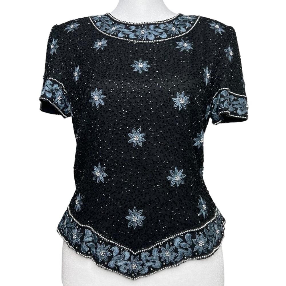 Cote d'Azur Vintage Beaded Embroidered Silk Top Sz M Evening Formal